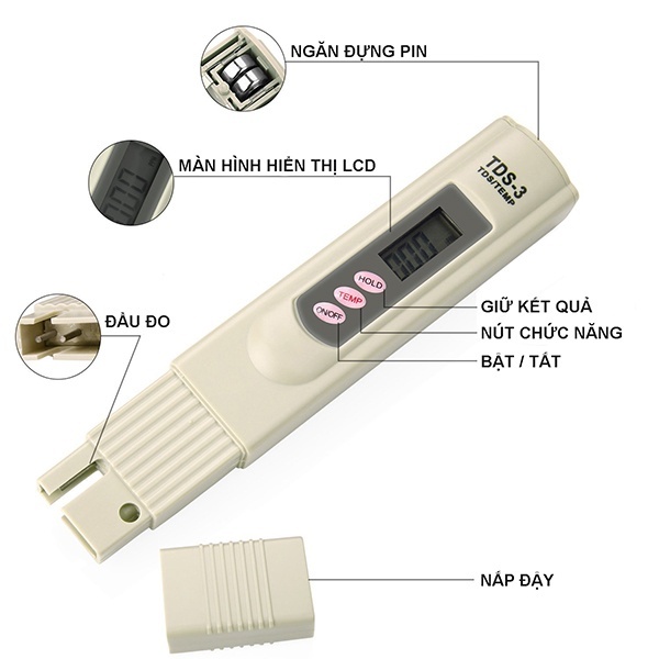 Bút Đo TDS Trắng Và Bao Da (TDS-3) Kiểm Tra Lượng Chất Rắn Hòa Tan Trong Nước Và Nhiệt Độ Nước Với Độ Chính Xác Cao