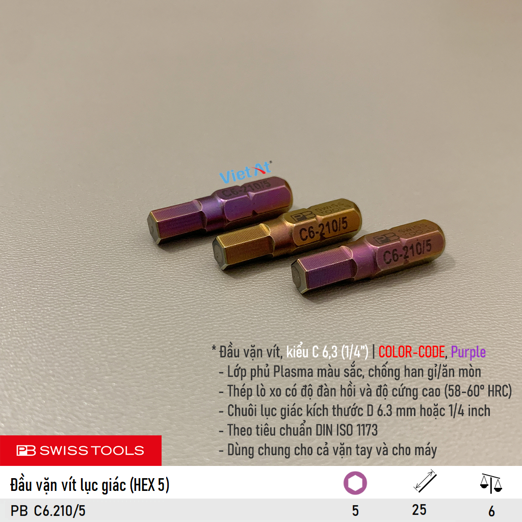 Đầu vặn vít lục giác ngắn PB C6.210/5 (HEX 5) dài 25mm, chuôi lục giác ...