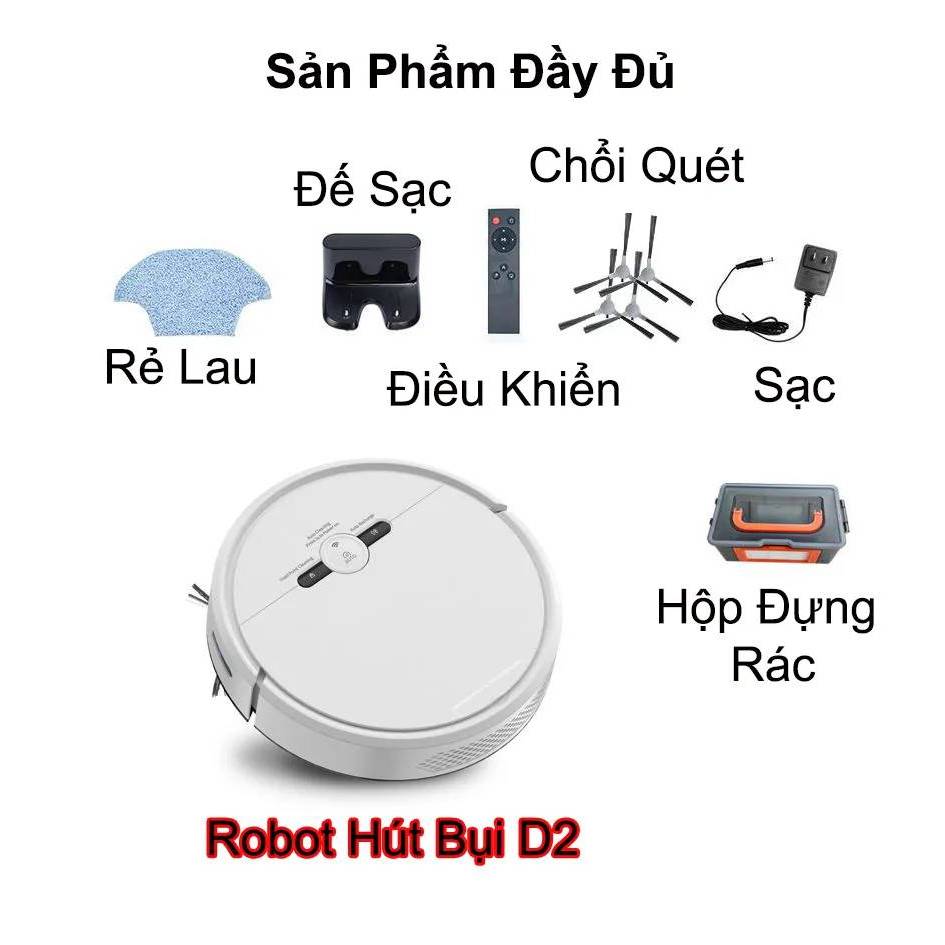 Robot Hút Bụi Lau Nhà - D2-001 - Thông Minh - Tự Lập Trình - Tự Sạc Pin - Cảm Biến Chống Rơi - APP Tiếng Việt BH 2 Năm