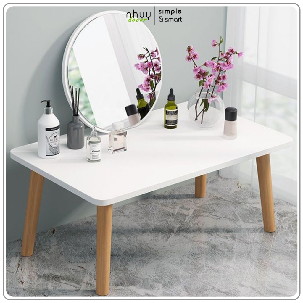 Bàn trang điểm mini có gương, bàn phấn ngồi bệt kèm gương tiện lợi chân gỗ tự nhiên phong cách Bắc Âu hiện đại