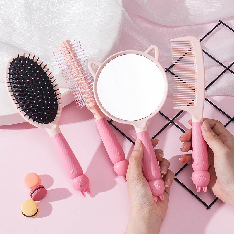 Set 4 Gương, Lược Gỡ Rối Tông Hồng Hottrend Xinh Xắn Phong Cách Hàn Quốc Phụ Kiện Tóc Cho Nữ Empoli