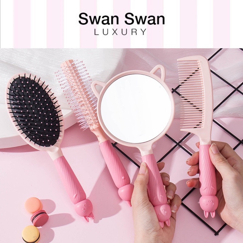 Set 4 Gương, Lược Gỡ Rối Tông Hồng Hottrend Xinh Xắn Phong Cách Hàn Quốc Phụ Kiện Tóc Cho Nữ Empoli