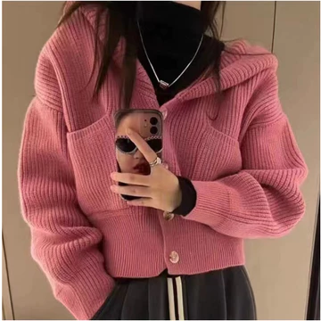 [ HOT 2024] Áo khoác len cardigan nữ, Áo khoác len tay bồng phối mũ chất dày dặn mềm mịn, Khoác len nữ dáng ngắn