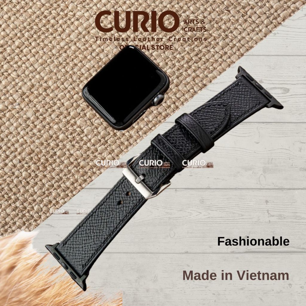 Dây da đồng hồ handmade Epsom Pháp cao cấp cho Iwatch màu đen, tặng hộp gỗ+khóa+chốt – WSB_EF CURIO LEATHER