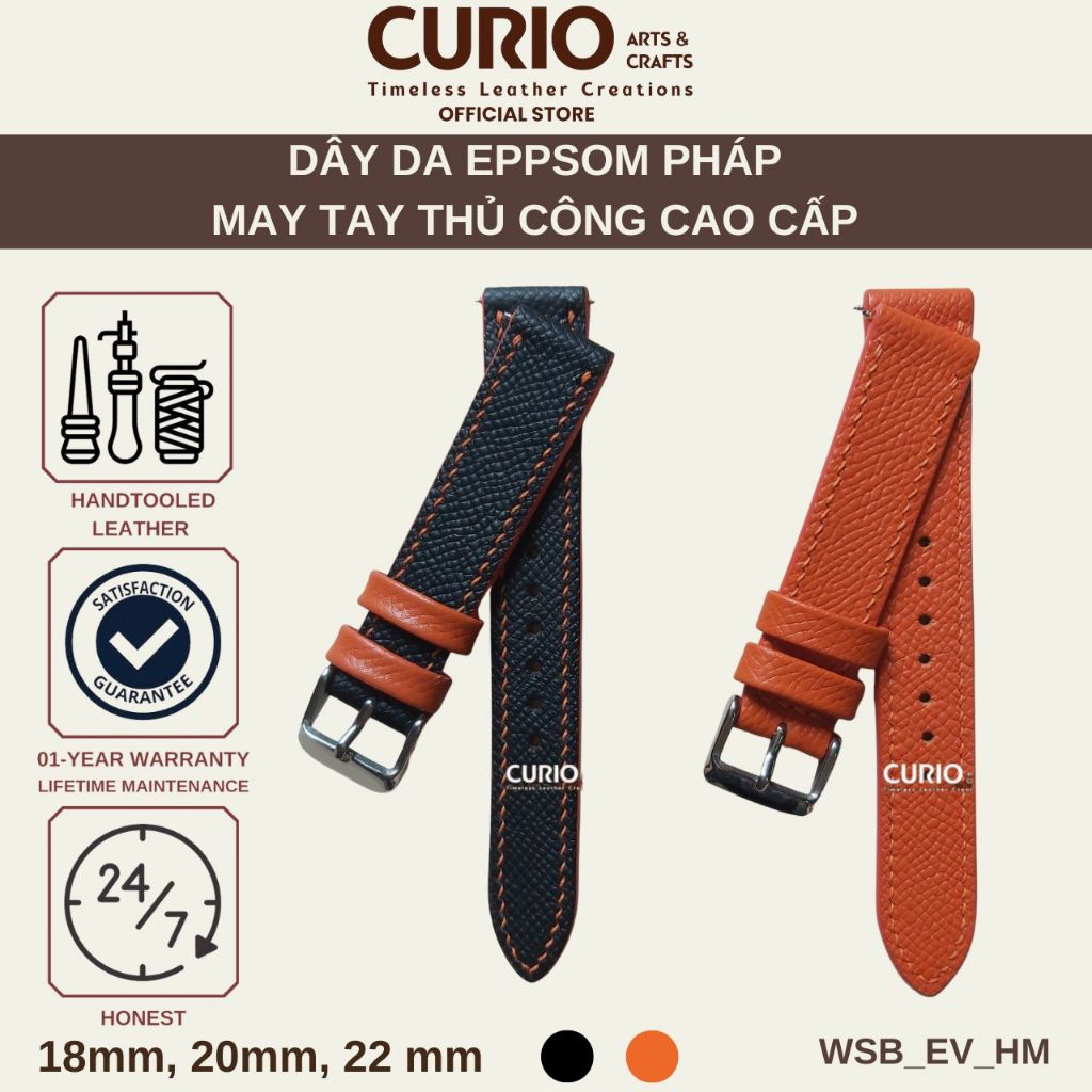Dây đồng hồ handmade da Epsom may tay thủ công, tặng hộp gỗ + khóa + chốt – WSB_EV CURIO LEATHER