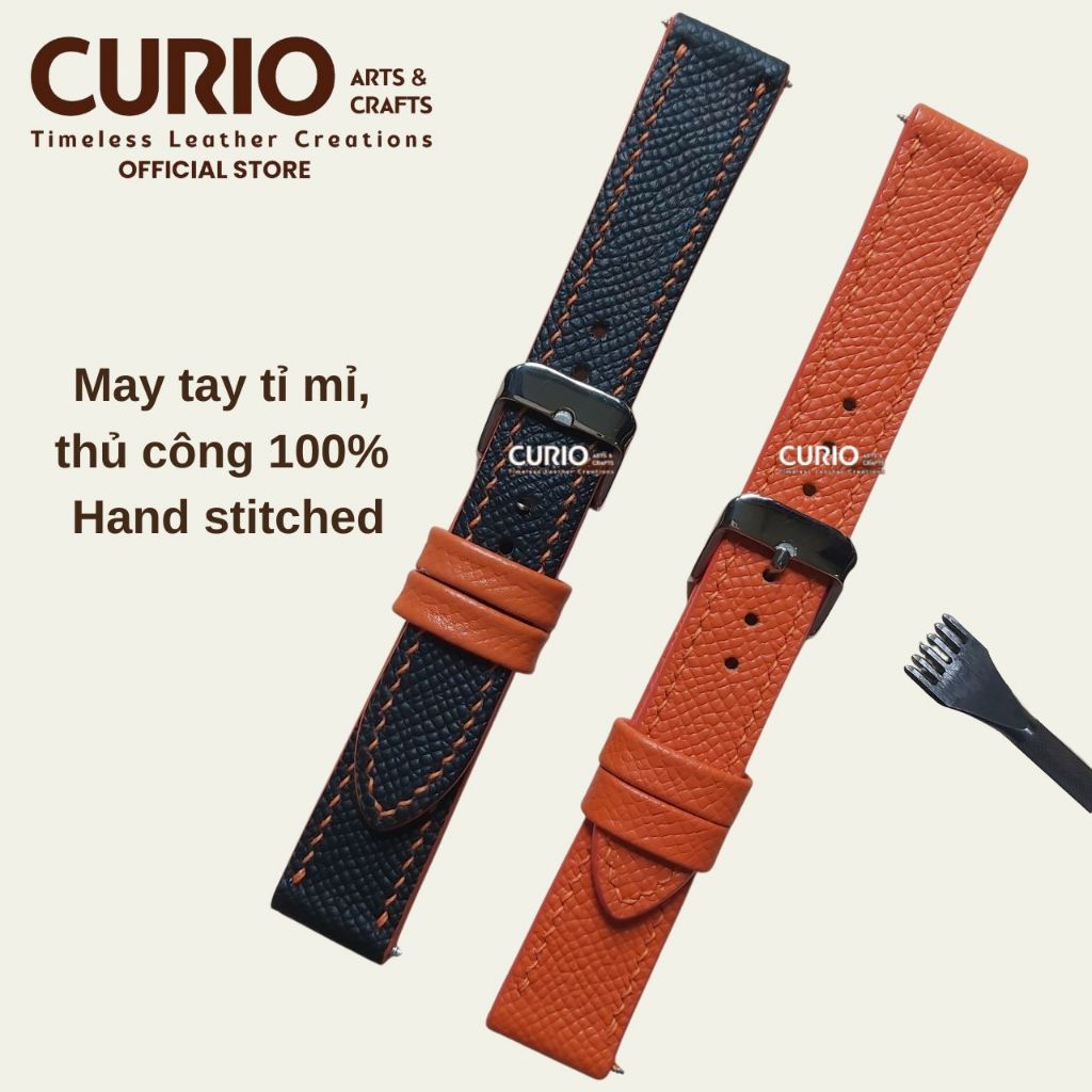 Dây đồng hồ handmade da Epsom may tay thủ công, tặng hộp gỗ + khóa + chốt – WSB_EV CURIO LEATHER