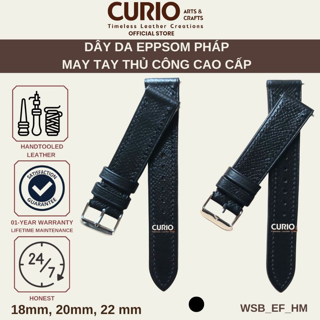 Dây da đồng hồ handmade Epsom Pháp cao cấp cho Iwatch màu đen, tặng hộp gỗ+khóa+chốt – WSB_EF CURIO LEATHER