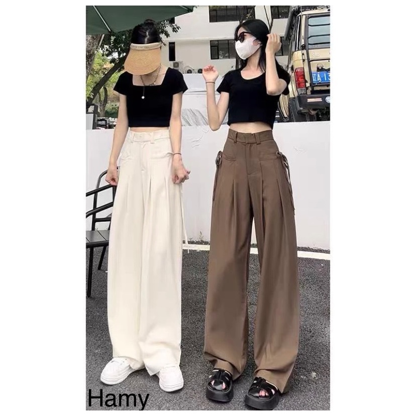 Quần Ống Rộng Cạp Cao Túi Vuông Có Dây Lơ Thắt 2 Bên