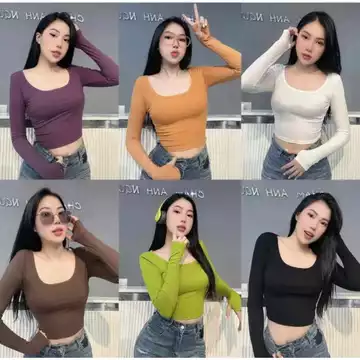 Áo thun nữ croptop cổ U, cổ tròn thun gân tăm lạnh co giản 4 chiều, áo tay dài xỏ ngón, áo phông nữ