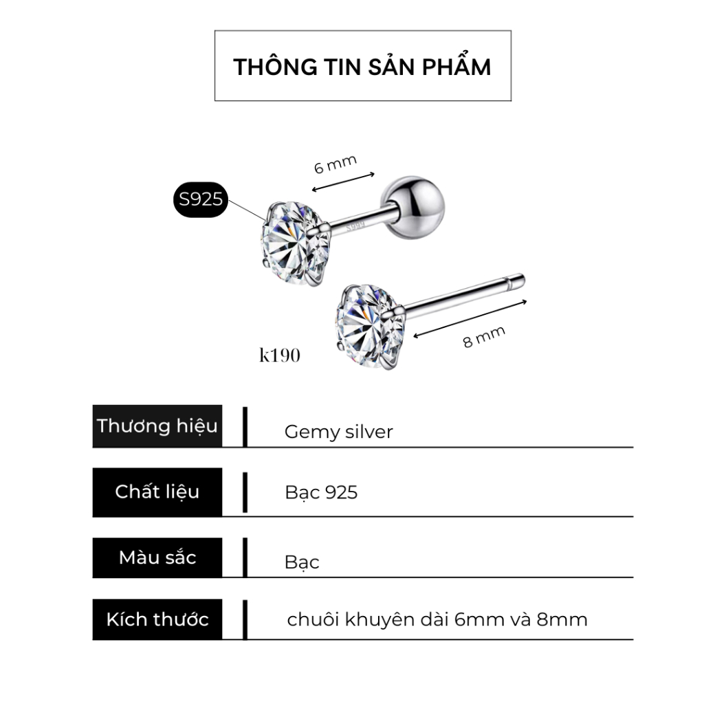 Khuyên tai nam nữ bạc 925 nụ mặt đá nhiều size đơn giản, unisex K129 K190 (1 chiếc) | GEMY SILVER
