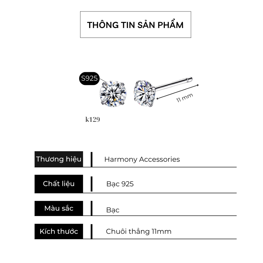 Khuyên tai nam nữ bạc 925 nụ mặt đá nhiều size đơn giản, unisex K129 K190 (1 chiếc) | GEMY SILVER