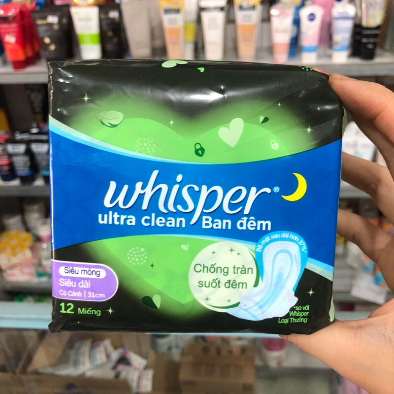 Băng vệ sinh Whisper Ultra Clean ban đêm siêu thấm có cánh 12 miếng ...