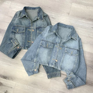 [ nhatran ] Áo khoác jean nữ phom croptop ngắn chất Denim Cotton Jacket 43cm túi dài