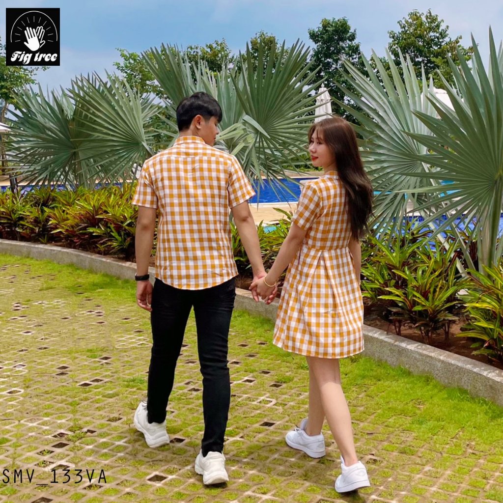 Set Sơ Mi Váy Đôi Fig Tree Caro Vàng Cho Couple Đi Chơi, Đi Tiệc Siêu Xinh Mã 133VA