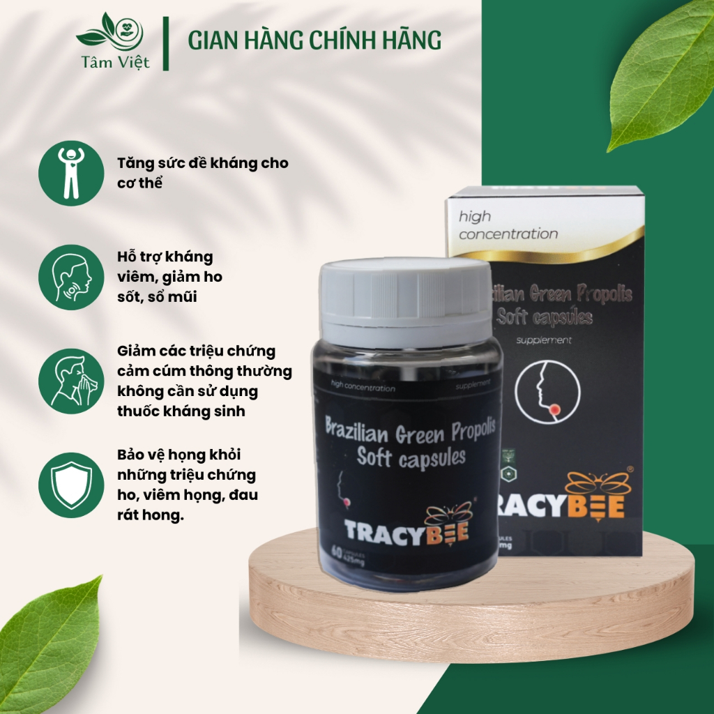 (Đã bán 14) Viên uống keo ong xanh Tracybee giúp tăng cường sức đề kháng, hỗ trợ kháng viêm, giảm ho sốt, sổ mũi, hộp 60 viên