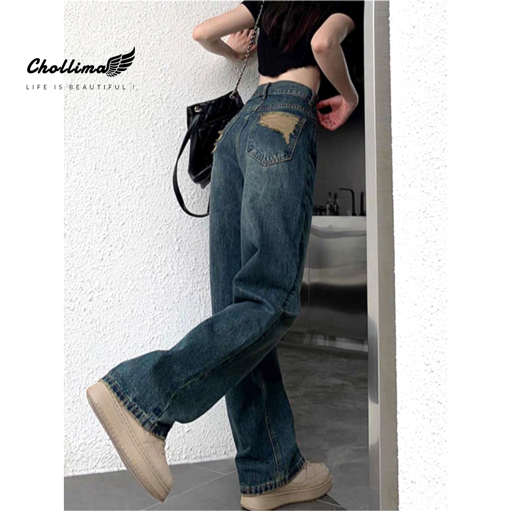 Ảnh Quần jeans nữ Chollima ống rộng SIMPLE JEAN màu xanh dơ rách túi sau QD259 ulzzang phong cách hàn 2