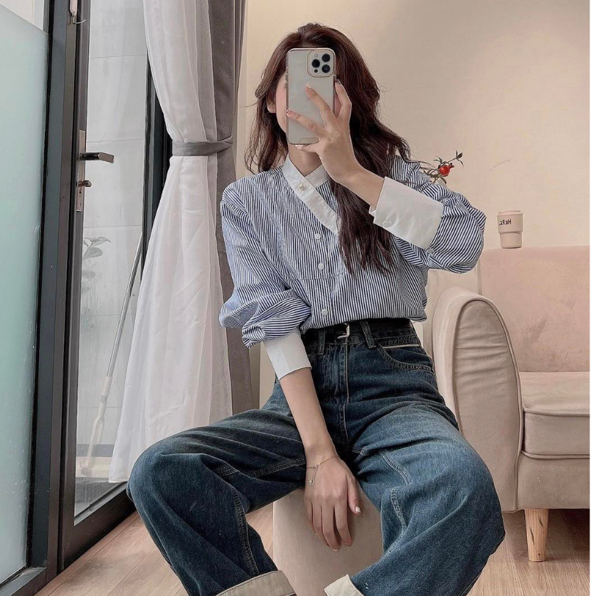 Áo Sơ Mi Kẻ Sọc Tay Dài có bigsize kiểu Hàn Quốc dễ phối đồ cổ chéo phong cách Hàn Quốc M8 CỔ DÂY