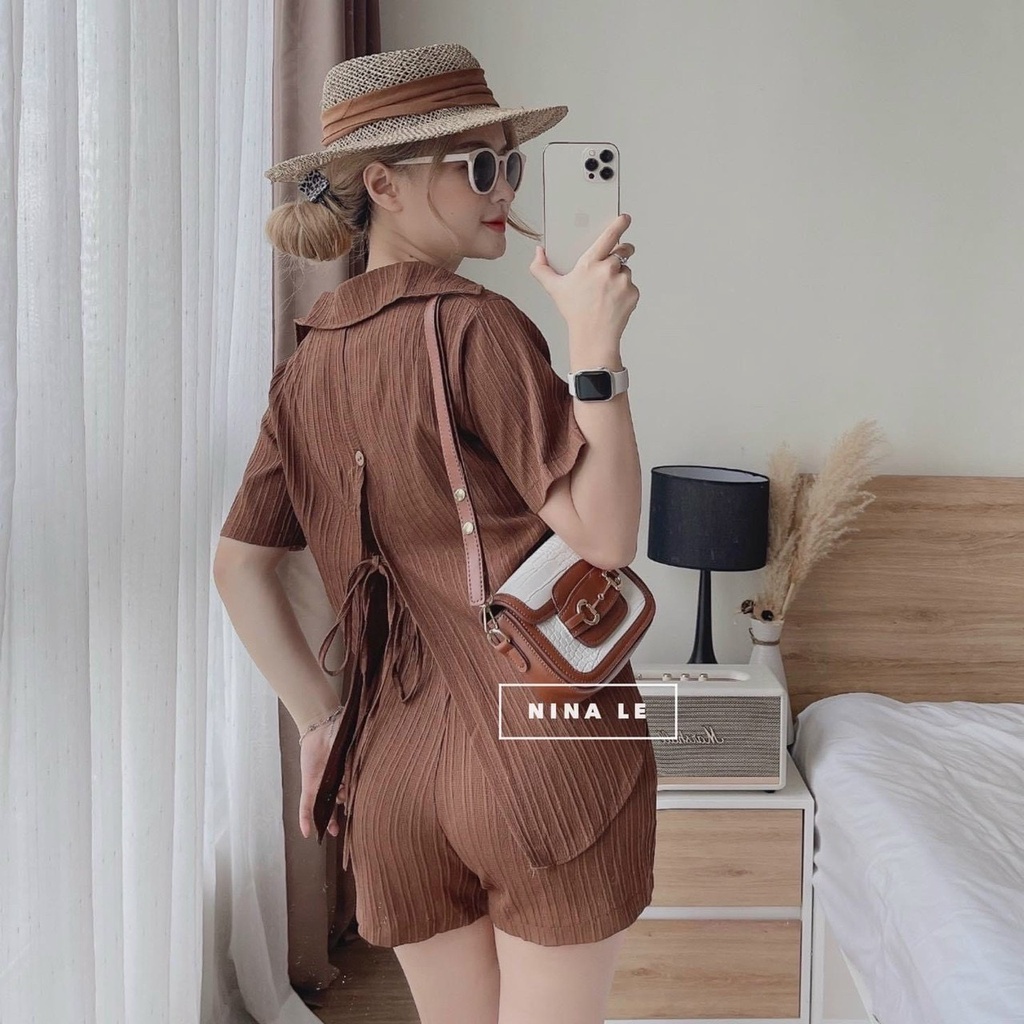 Bộ Áo Sơ Mi Dây Buộc Lưng Quần Short xanh bơ cốm trắng SQ029 Set Quần Đùi Áo Somi Cộc Tay Dáng Thụng Vải Đũi Gân 2 Màu