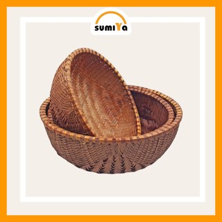 Thúng tre hun khói hình tròn, nguyên liệu tự nhiên, dùng trang trí, trưng bày trái cây