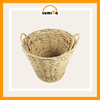 Giỏ lục bình tròn đan rối có quai Sumiya dùng để quần áo, sách báo, đồ dùng, decor, trang trí, sản phẩm tự nhiên