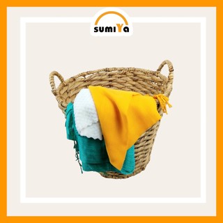 Giỏ lục bình tròn đan rối có quai Sumiya dùng để quần áo, sách báo, đồ dùng, decor, trang trí, sản phẩm tự nhiên