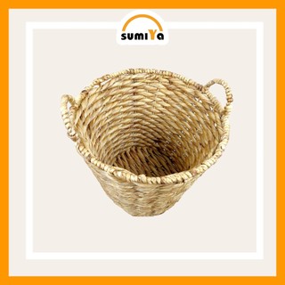 Giỏ lục bình tròn đan rối có quai Sumiya dùng để quần áo, sách báo, đồ dùng, decor, trang trí, sản phẩm tự nhiên