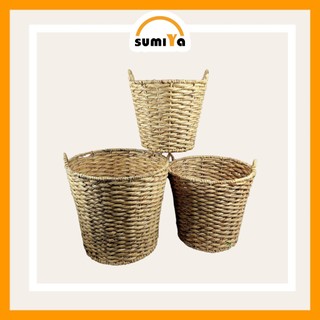Giỏ lục bình tròn đan rối có quai Sumiya dùng để quần áo, sách báo, đồ dùng, decor, trang trí, sản phẩm tự nhiên