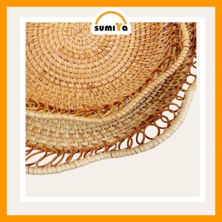 Rổ mây tròn, Đĩa mây xiên viền hoa SUMIYA dùng để trái cây thức ăn decor trang trí sản phẩm tự nhiên
