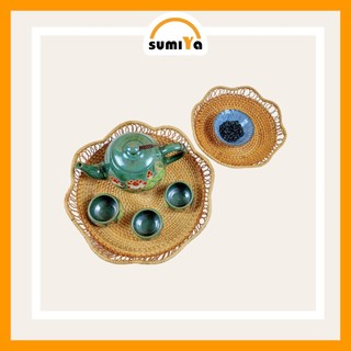 Rổ mây tròn, Đĩa mây xiên viền hoa SUMIYA dùng để trái cây thức ăn decor trang trí sản phẩm tự nhiên