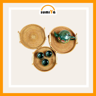 Khay mây xiên có quai gỗ SUMIYA dùng để trái cây, thức ăn, decor, trang trí, sản phẩm tự nhiên