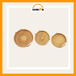 Khay mây xiên có quai gỗ SUMIYA dùng để trái cây, thức ăn, decor, trang trí, sản phẩm tự nhiên