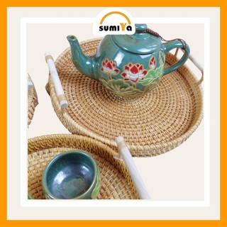 Khay mây xiên có quai gỗ SUMIYA dùng để trái cây, thức ăn, decor, trang trí, sản phẩm tự nhiên