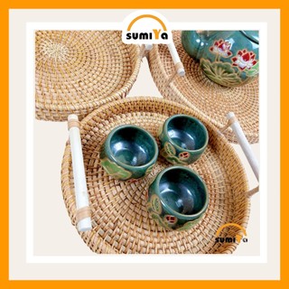 Khay mây xiên có quai gỗ SUMIYA dùng để trái cây, thức ăn, decor, trang trí, sản phẩm tự nhiên