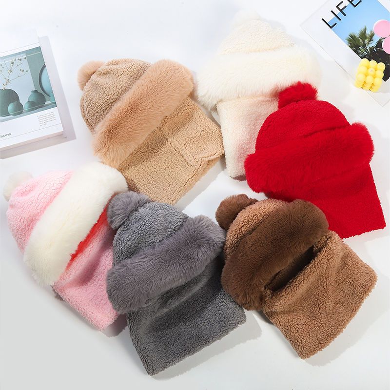 Mũ Lông trùm đầu mùa đông - nón len nữ kèm khăn quàng cổ dễ thương phong cách Hàn Quốc (   hot)