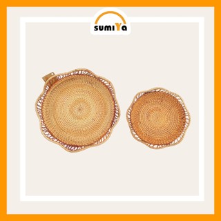 Rổ mây tròn, Đĩa mây xiên viền hoa SUMIYA dùng để trái cây thức ăn decor trang trí sản phẩm tự nhiên