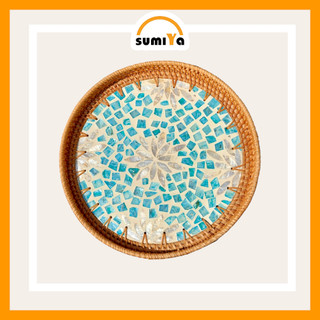 Đĩa mây, khay mây đan khảm trai tròn SUMIYA dùng làm khay trà, decor, trang trí, sản phẩm tự nhiên