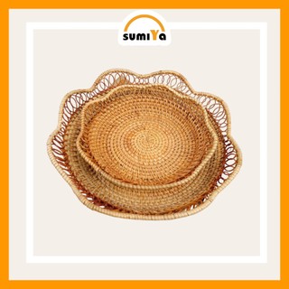 Rổ mây tròn, Đĩa mây xiên viền hoa SUMIYA dùng để trái cây thức ăn decor trang trí sản phẩm tự nhiên