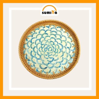 Đĩa mây, khay mây đan khảm trai tròn SUMIYA dùng làm khay trà, decor, trang trí, sản phẩm tự nhiên