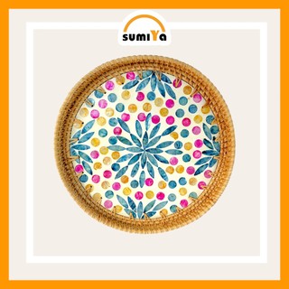 Đĩa mây, khay mây đan khảm trai tròn SUMIYA dùng làm khay trà, decor, trang trí, sản phẩm tự nhiên