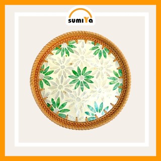 Đĩa mây, khay mây đan khảm trai tròn SUMIYA dùng làm khay trà, decor, trang trí, sản phẩm tự nhiên