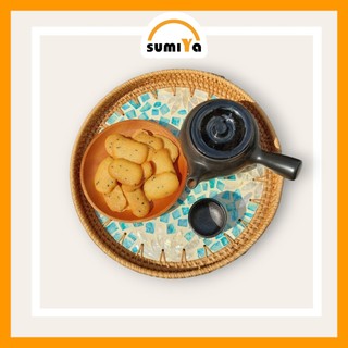 Đĩa mây, khay mây đan khảm trai tròn SUMIYA dùng làm khay trà, decor, trang trí, sản phẩm tự nhiên
