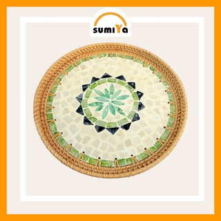 Đĩa mây, khay mây đan khảm trai tròn SUMIYA dùng làm khay trà, decor, trang trí, sản phẩm tự nhiên