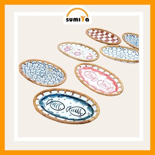 Đĩa mây xiên khảm sứ oval SUMIYA dùng đựng bánh kẹo, thức ăn, decor, trang trí, sản phẩm tự nhiên