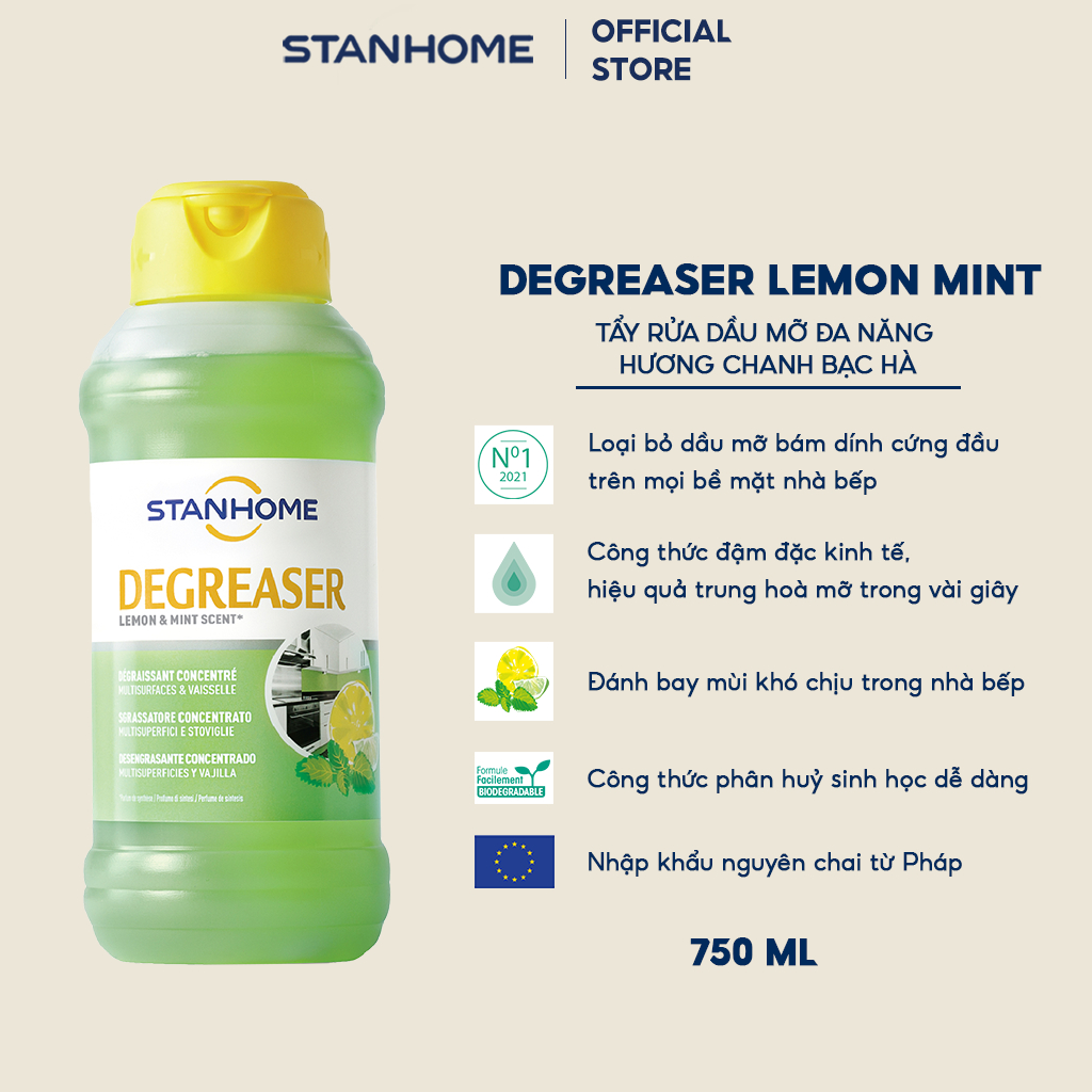 Tẩy rửa dầu mỡ đa năng hương chanh bạc hà Stanhome Degreaser Lemon&mint  750ml