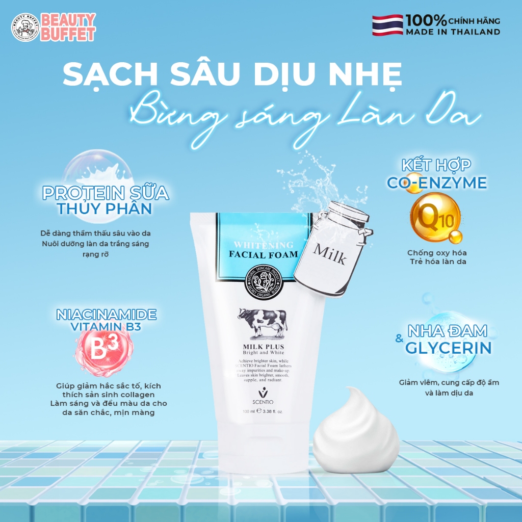 Ảnh Combo Sữa rửa mặt tạo bọt dưỡng trắng Beauty Buffet Scentio Milk Plus Whitening Q10 Facial Foam 100ml 4