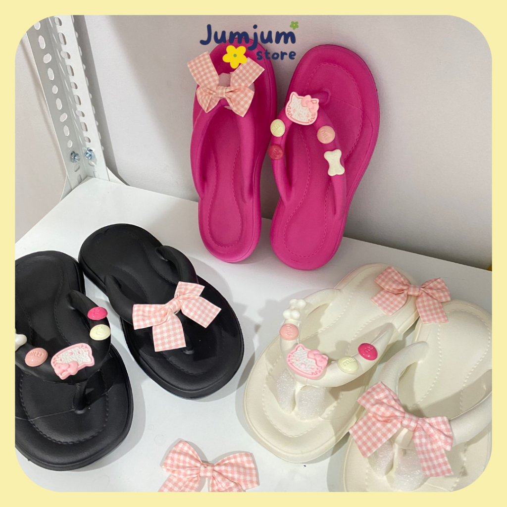 Dép xỏ ngón nữ đính nơ charm Kitty dễ thương đế dày kháng nước siêu êm 1.5 (cm) JJKEPN2 - N3