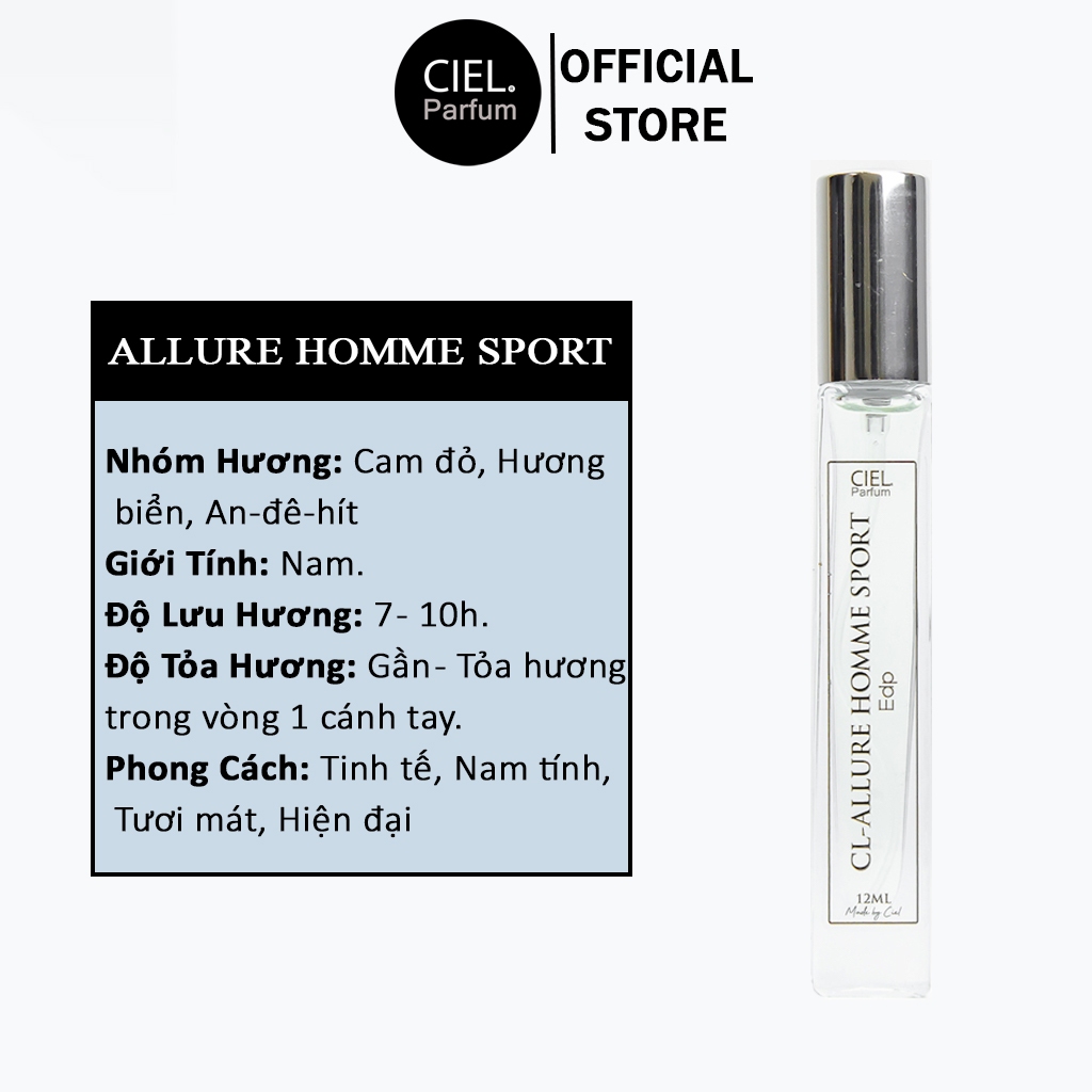 Ảnh Nước hoa nam cao cấp CL ALLURE HOMME SPORT Edt chính hãng CIEL Parfum 12ml phong cách Tinh tế, Nam tính, Hiện đại 1