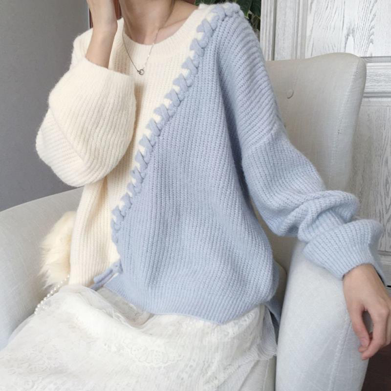 Áo Len Form Rộng Cổ Tròn Đan Chéo Hai Màu Cách Điệu Momome | Shopee ...