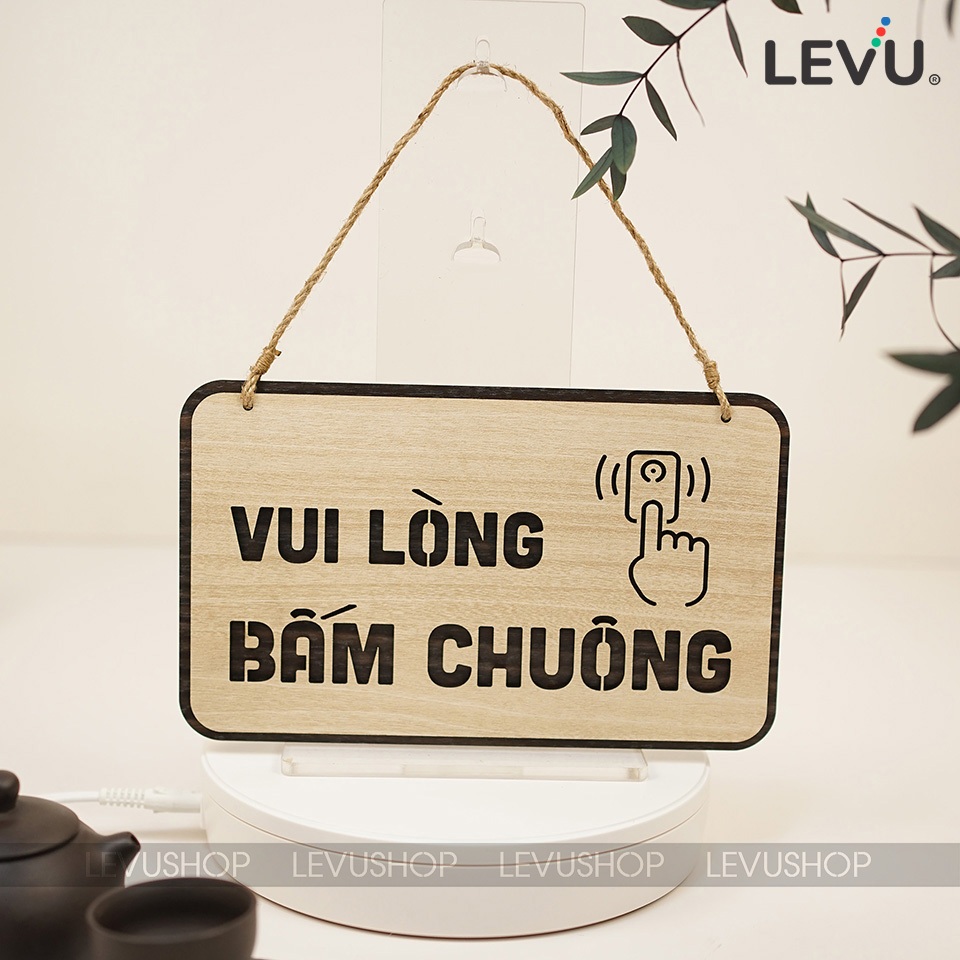 Bảng gỗ treo vui lòng bấm chuông trang trí cửa LEVU-BG40