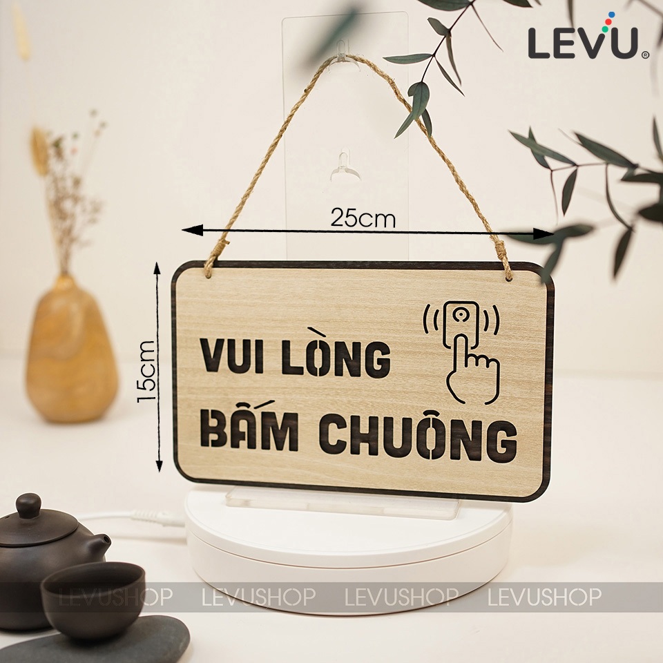 Bảng gỗ treo vui lòng bấm chuông trang trí cửa LEVU-BG40